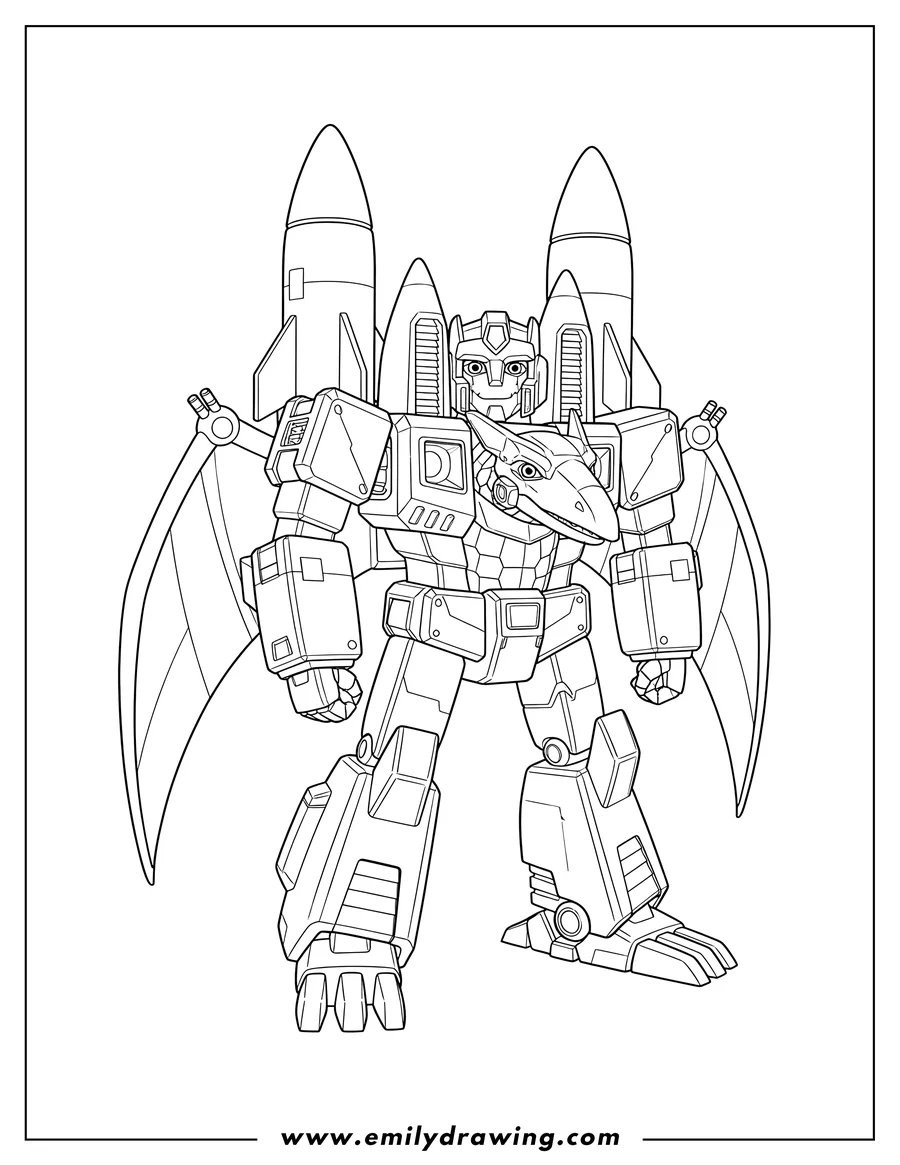 Doodle style coloring picture of swoop Transformer standing with big rockets