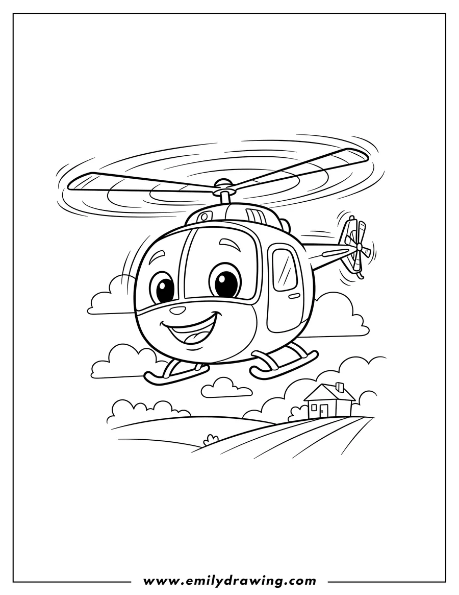 Vector style outline of swoops the friendly helicopter with big eyes and a smile, flying
