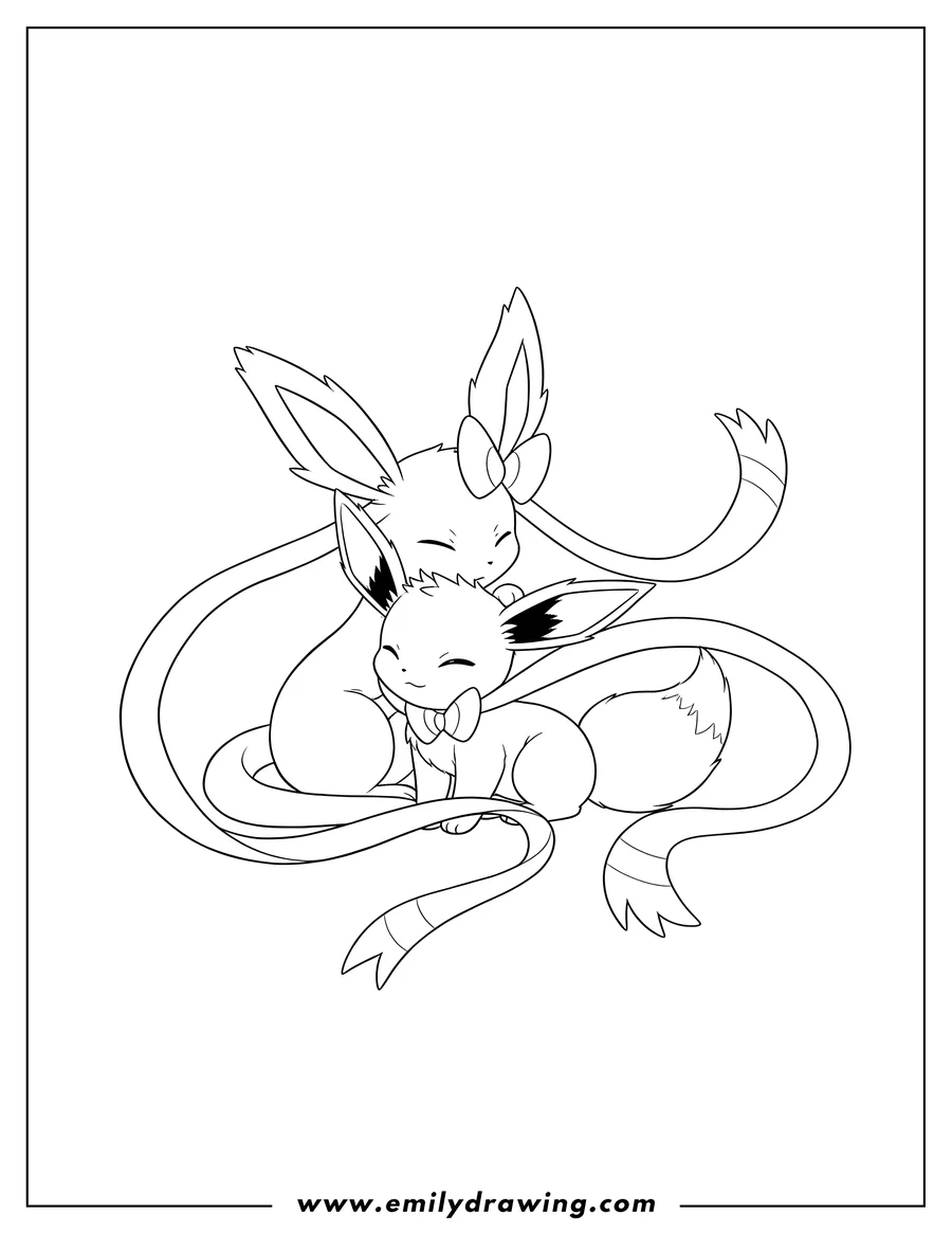 Coloring sheet featuring sylveon and Eevee snuggling affectionately, with Sylveon's long ribbons visible