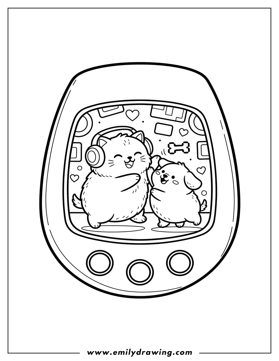Free printable coloring sheet of two cute cartoon pets, one wearing headphones, playing inside a Tamagotchi console