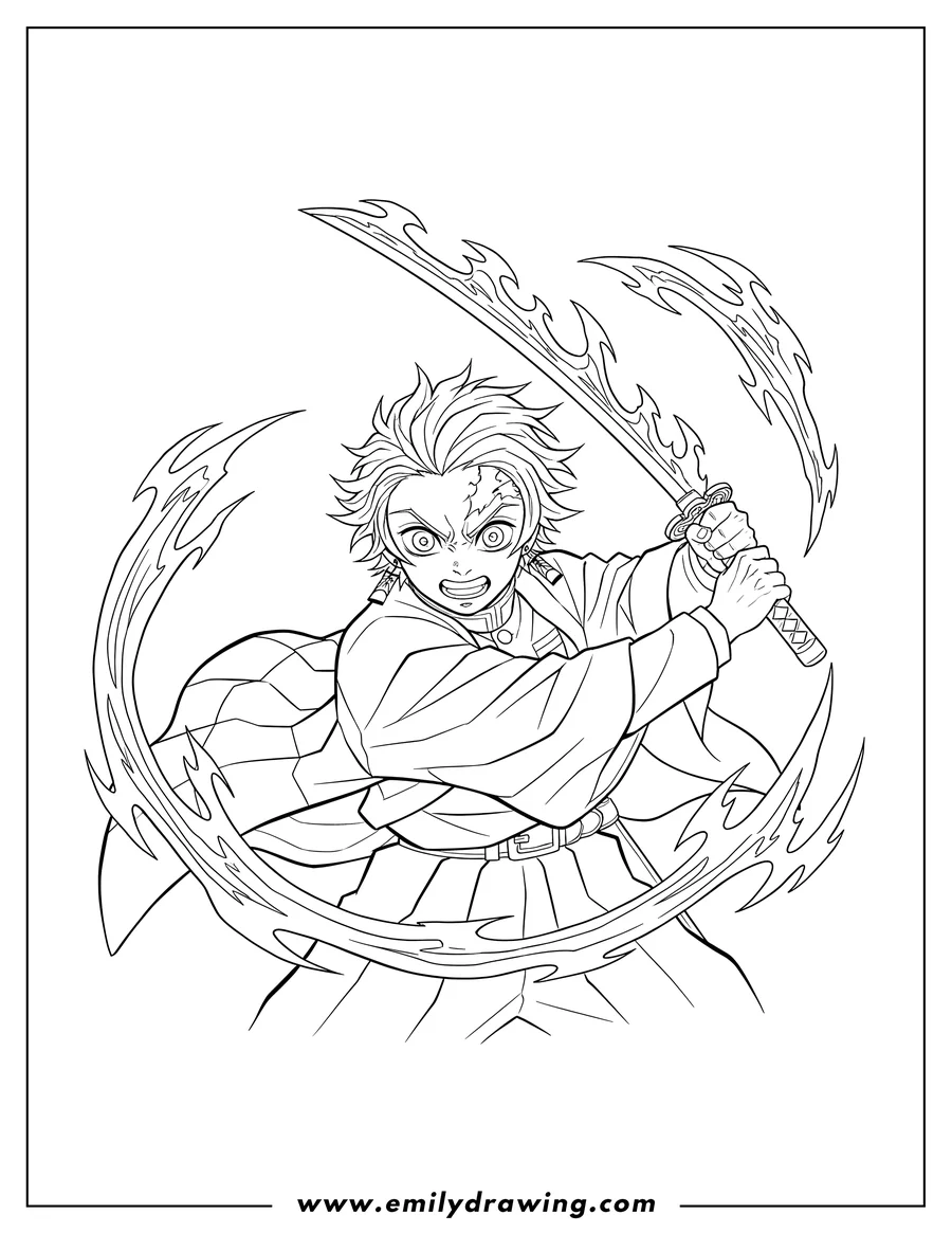 Vector style outline of tanjiro Dance Fire God Technique, holding his sword, with an intense expression