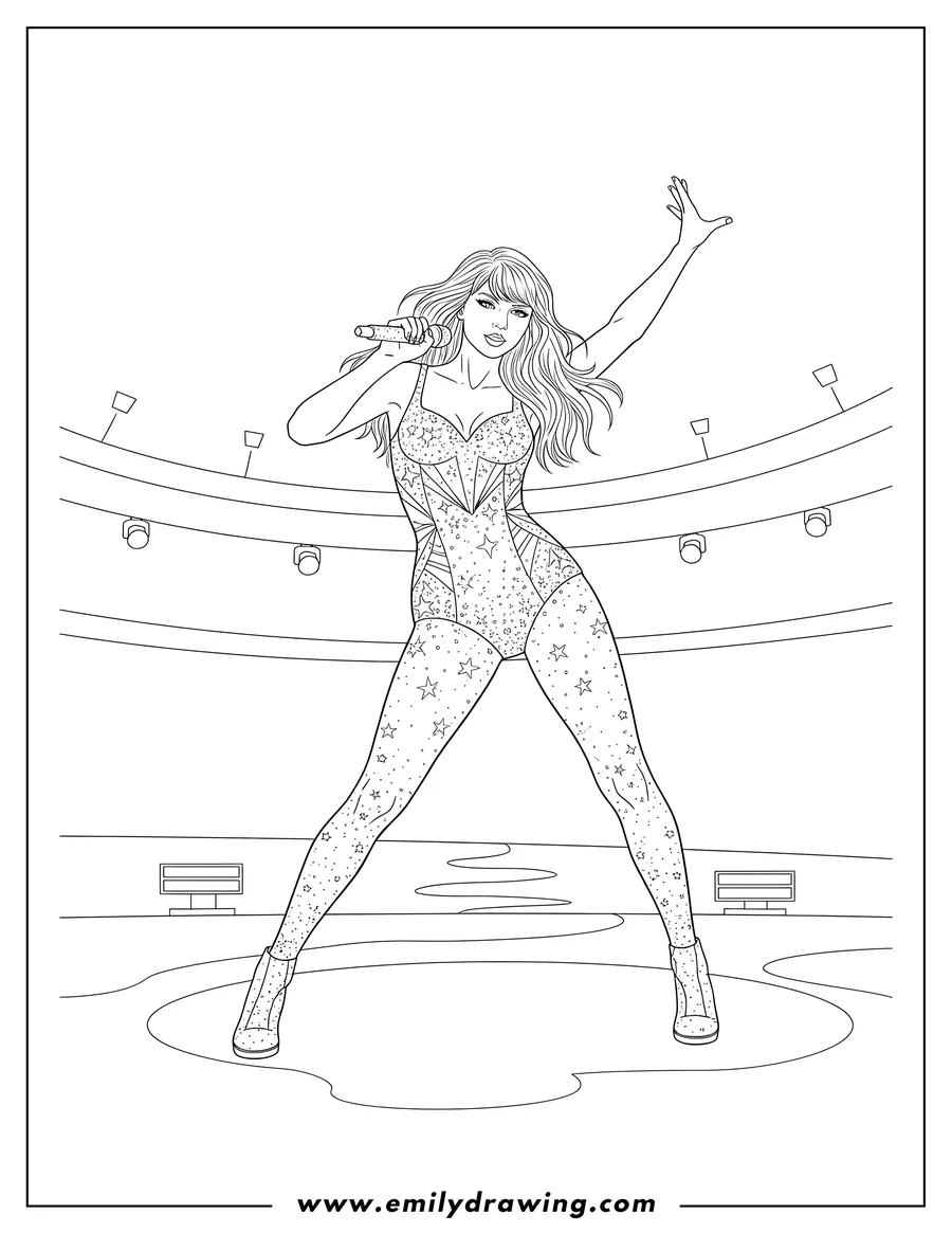 Free printable coloring sheet of taylor Swift Dancing On Stage, holding a microphone, wearing a sparkly bodysuit