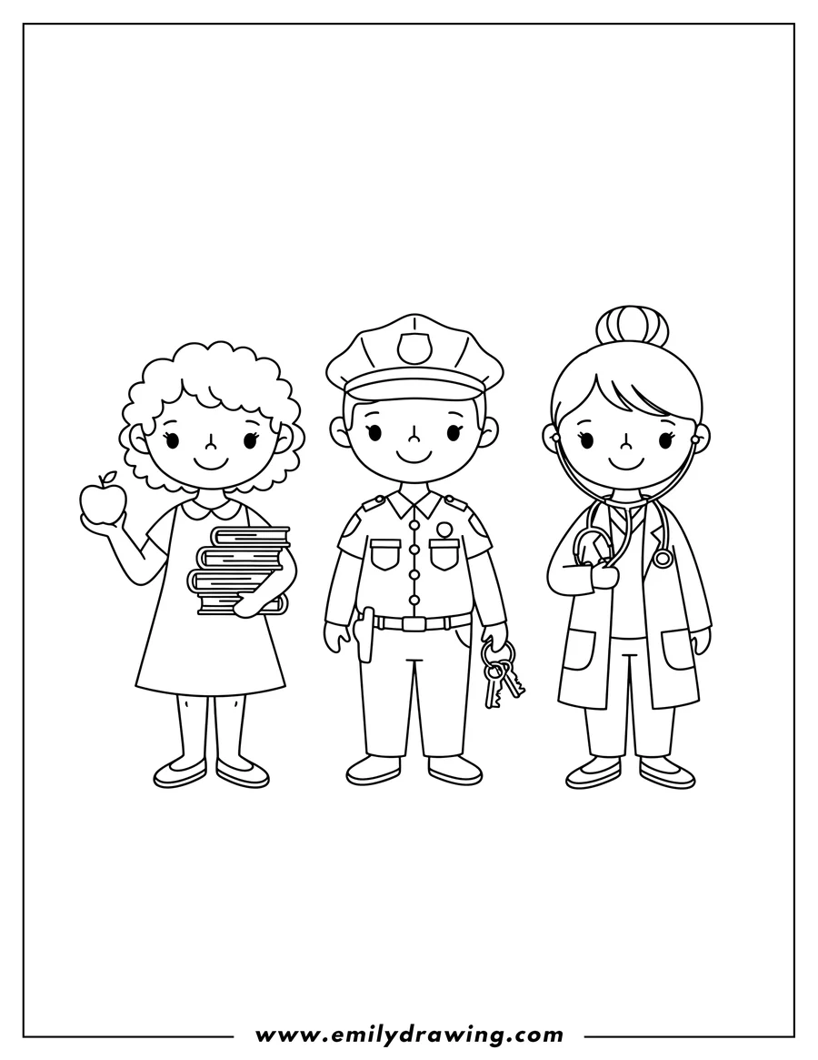 Full page coloring image of simple Community Helpers: Teacher holding an apple and books, Police Officer with a hat and keys, and Doctor with a stethoscope, standing side by side, for preschoolers