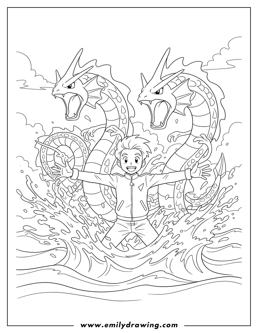 Simple sketch of team Rocket James smiling and standing with three roaring Gyarados bursting from splashing water to color