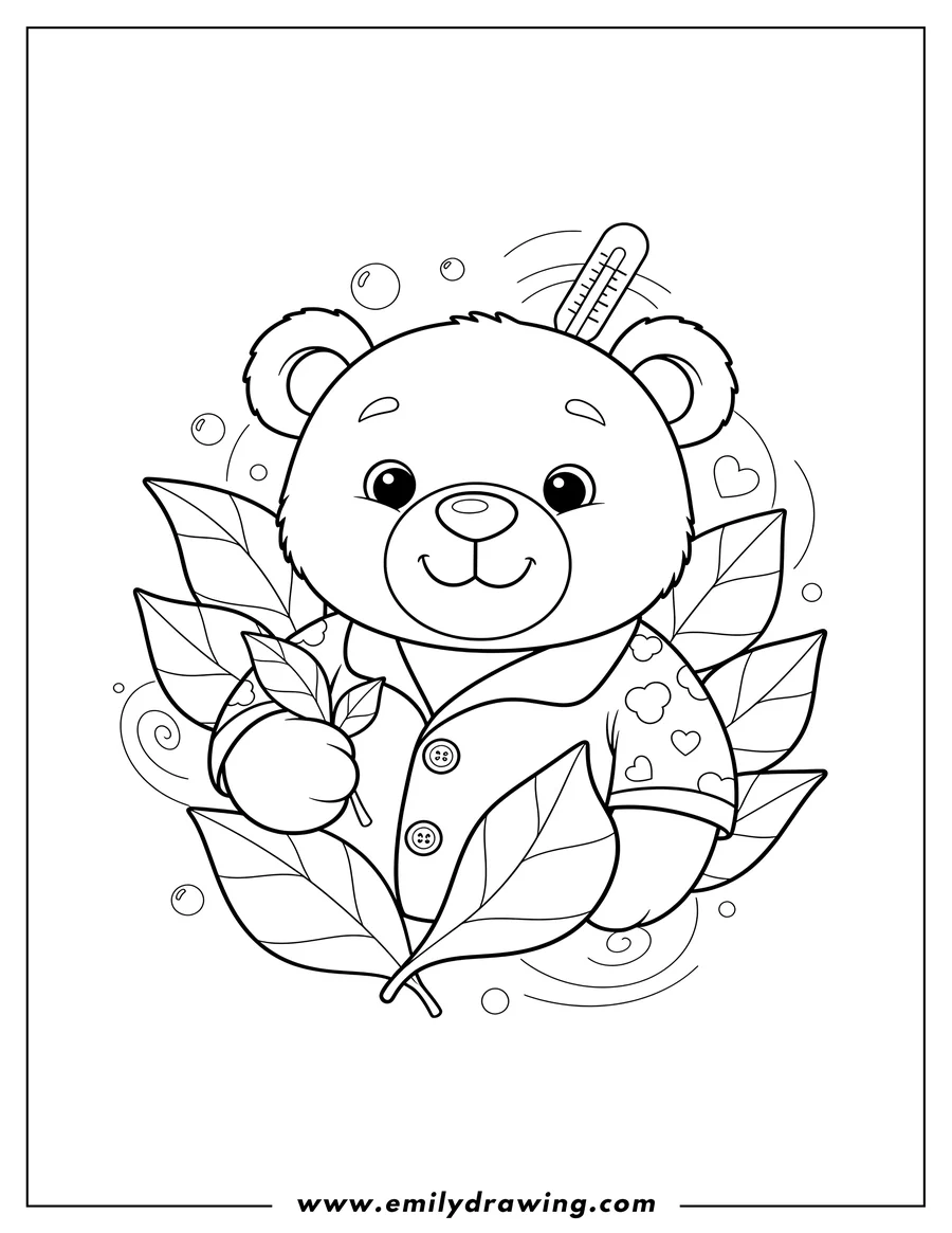 PDF style coloring page: easy Teddy Bear Get Well Soon, with a smiling bear peeking through leaves