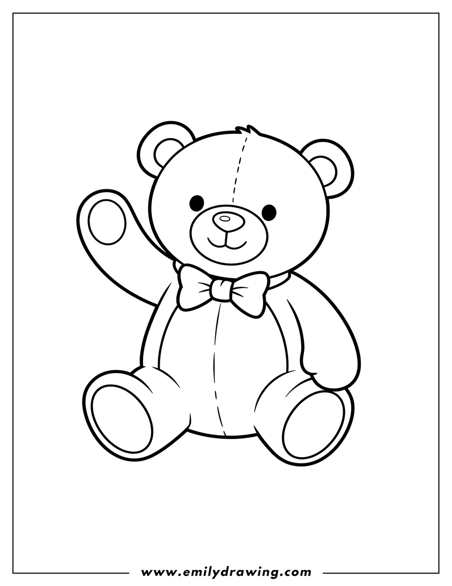 Coloring page of simple Teddy Bear, sitting and waving, for preschoolers