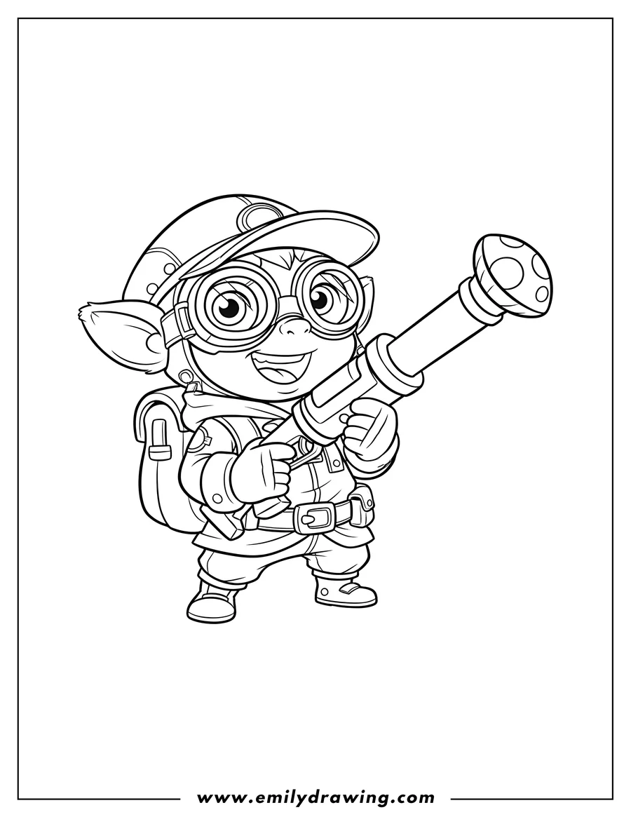 Doodle style coloring picture of league Legends Teemo Swift Scout smiling, wearing goggles, and holding a blowgun