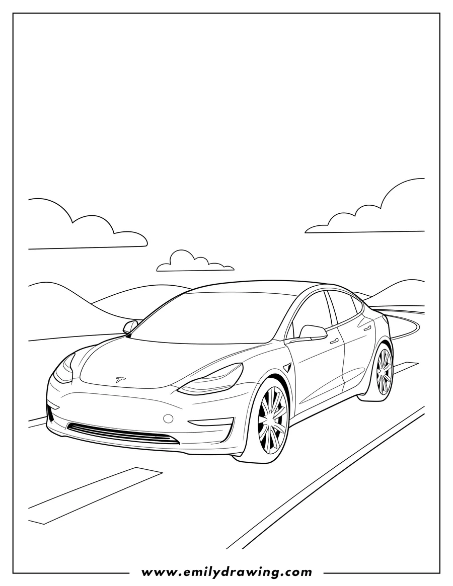 Full page coloring image of tesla Model 3 on a road