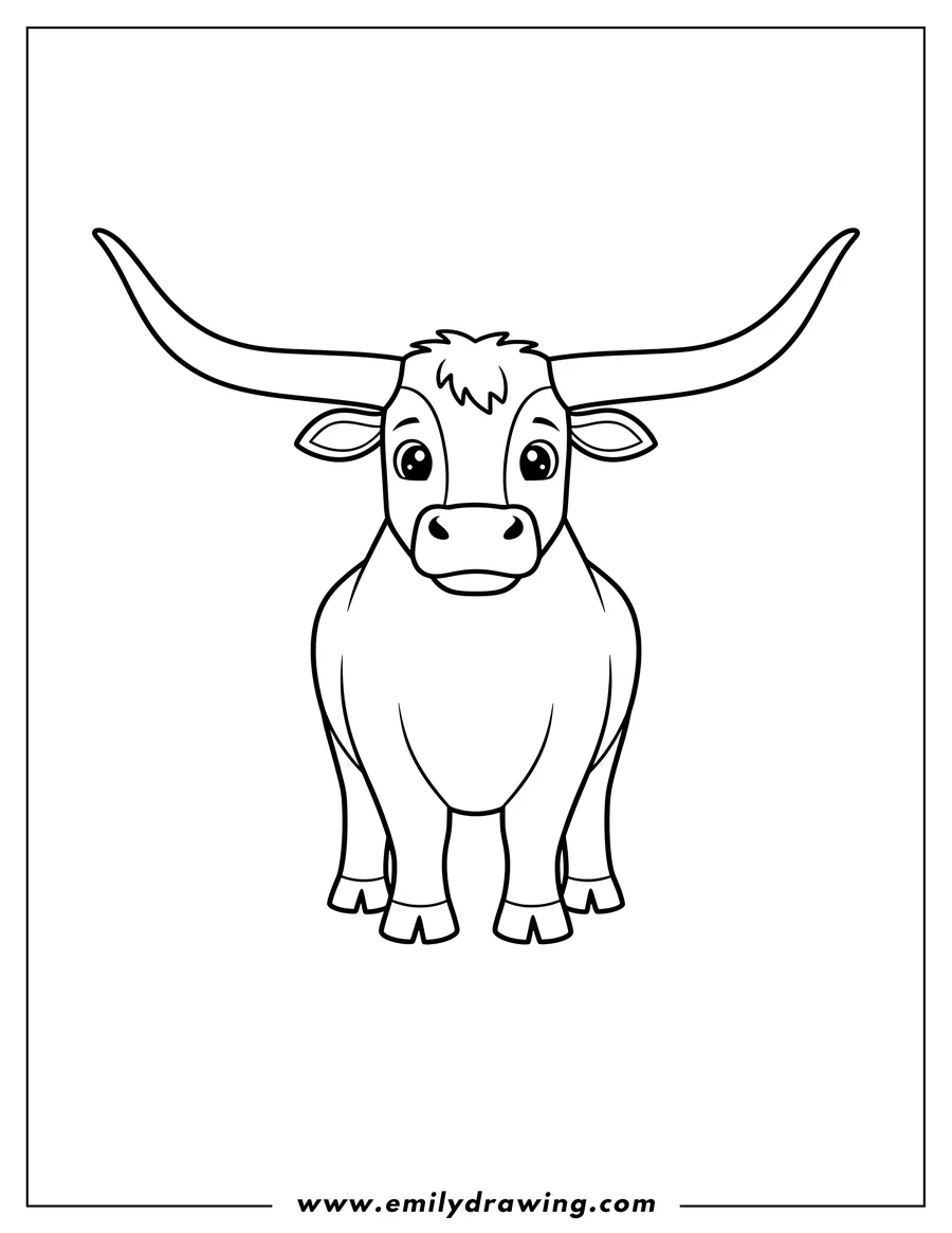 Linear illustration of simple Texas Longhorn standing, facing forward