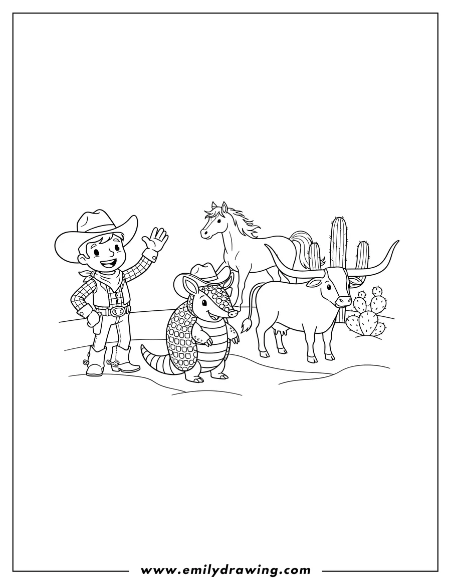 Full page coloring image of simple Texas Symbols with an armadillo, waving cowboy, longhorn cow, horse, and cactus