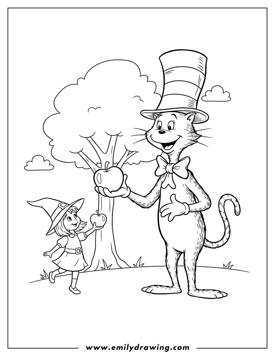 Outline drawing of 3 Scaled: The Cat in the Hat and a witch girl exchanging apples