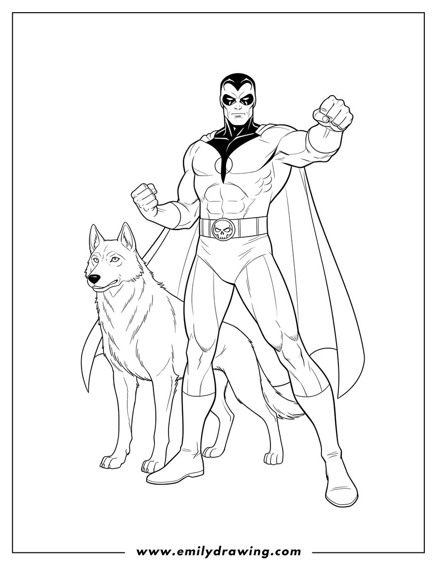 Simple sketch of the Phantom in a powerful stance alongside his Devil Dog to color