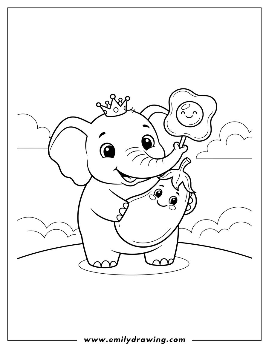 Full page coloring image of things That Start With Letter E, featuring a cute elephant, an eggplant, and a fried egg
