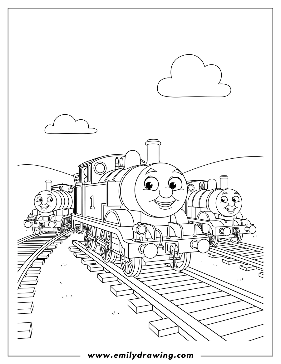 Linear illustration of thomas And Friends Tv: Thomas and two friends on train tracks, smiling