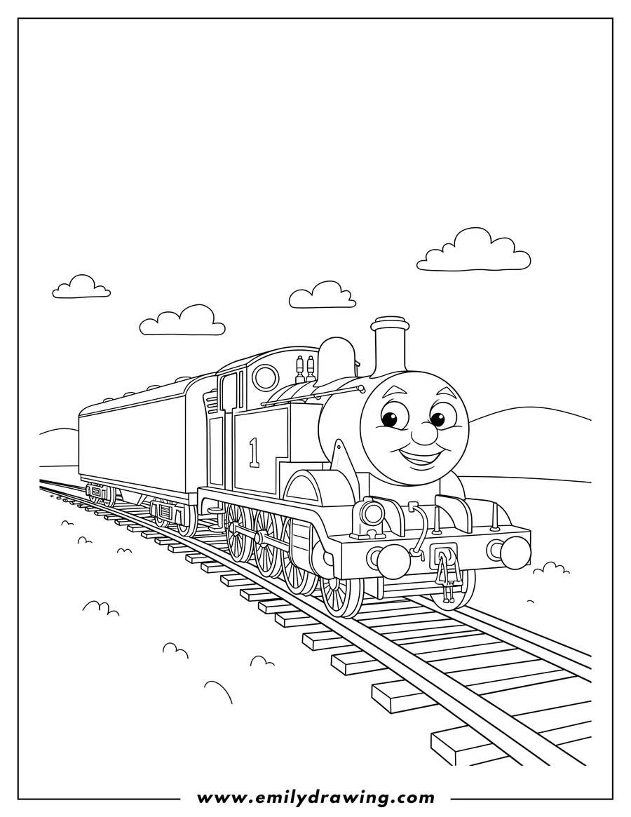 PDF style coloring page: thomas the Tank Engine smiling, pulling a train carriage on tracks