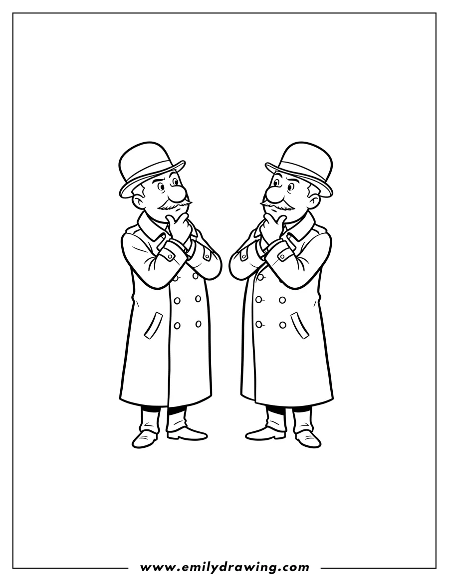 Linear illustration of simple Thomson And Thompson pondering in their bowler hats