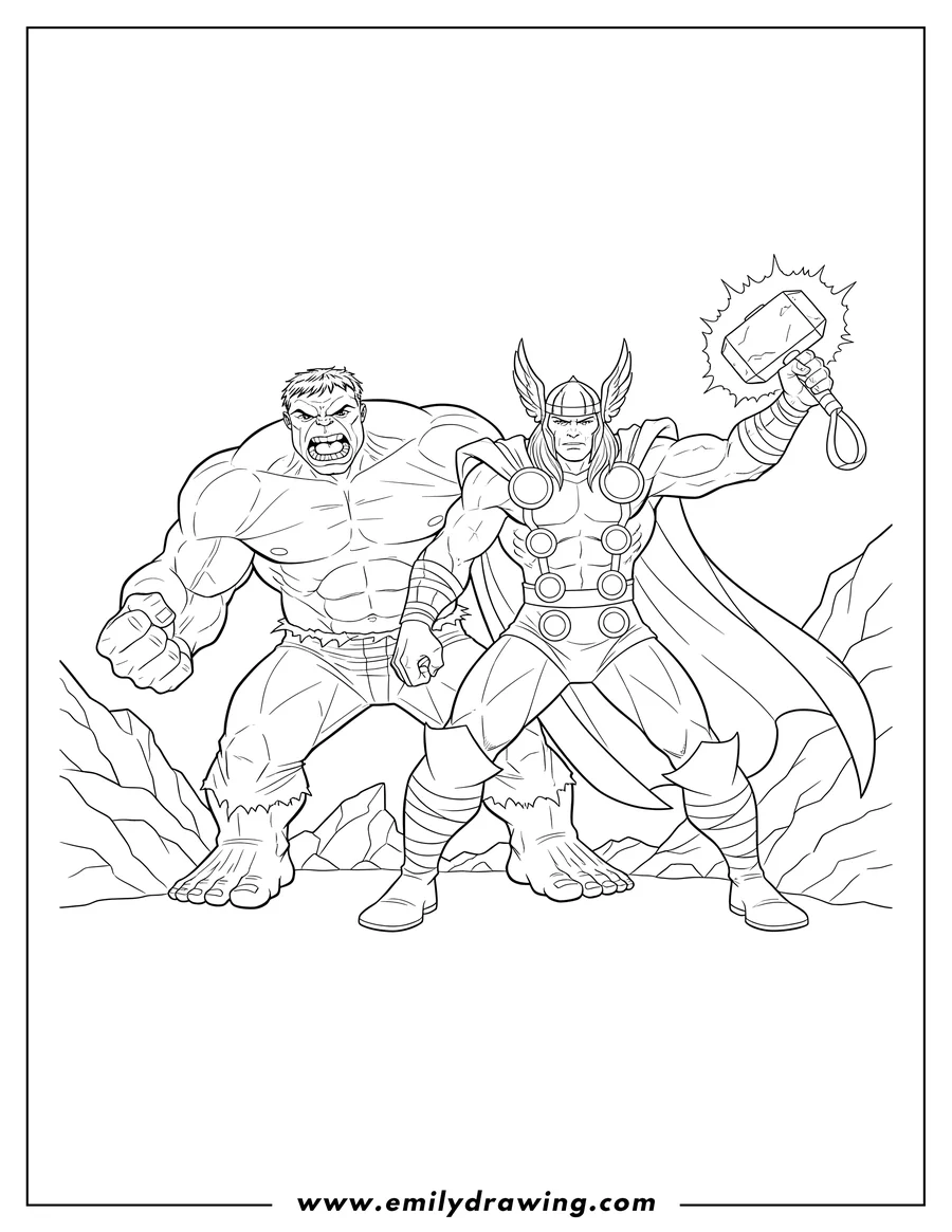 Doodle style coloring picture of thor with Mjolnir and an angry Hulk to Color