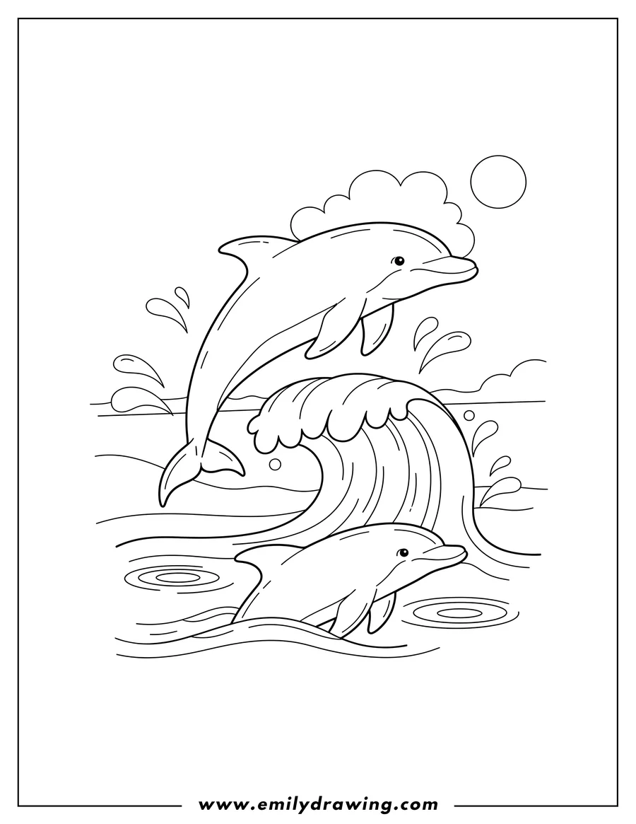 Printable line art of three dolphins, one jumping out of the water and two swimming, To Color Scaled