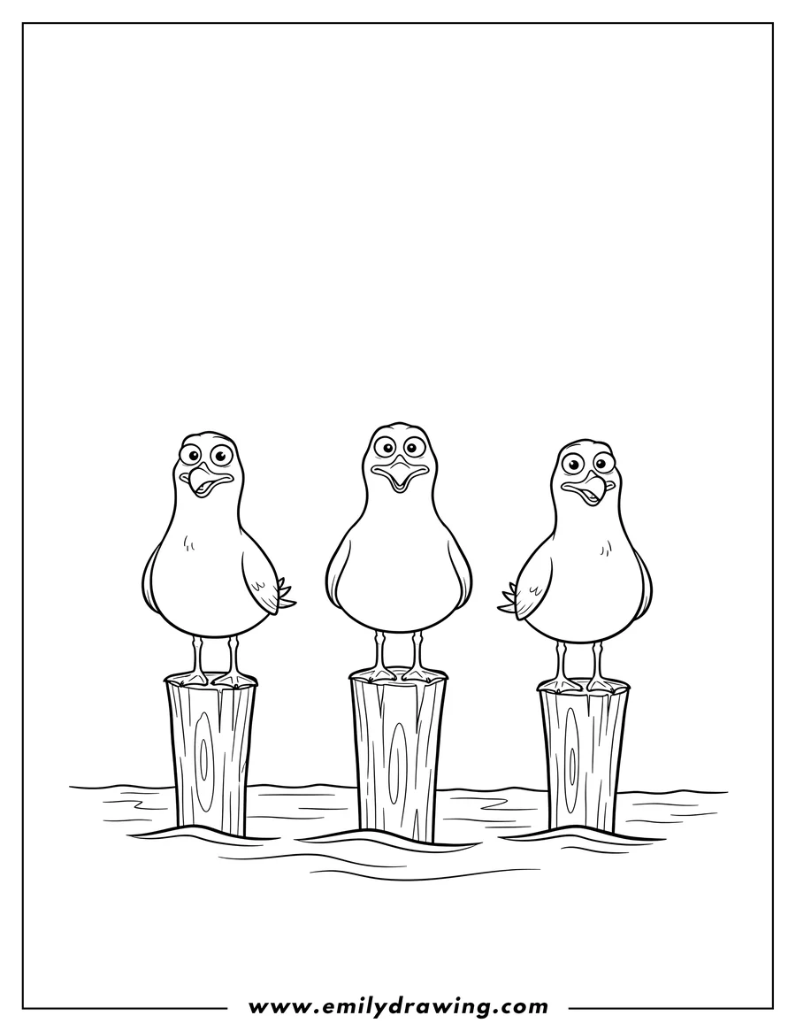 PDF style coloring page: three seagulls from Finding Nemo standing in a line on posts