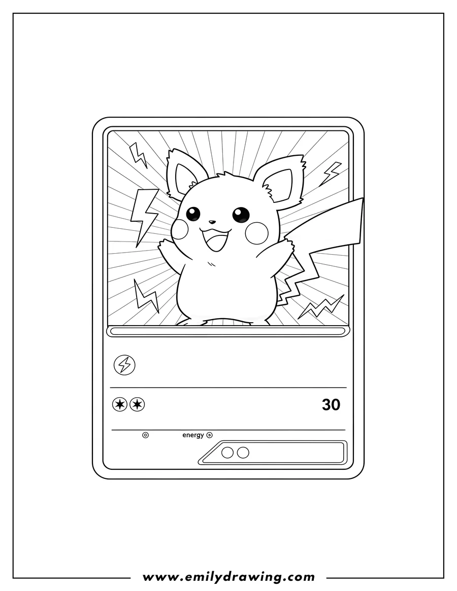 Linear illustration of A black and white line art coloring page of a Thunderbolt Raichu Pokemon card, showing Raichu smiling with one arm slightly raised