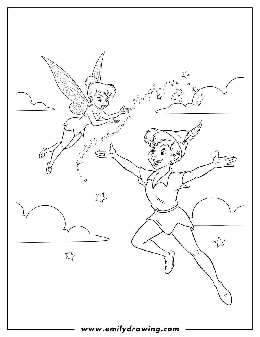 Downloadable coloring page of tinker Bell And Peter Pan Scaled, with Peter Pan smiling and Tinker Bell flying, sprinkling pixie dust