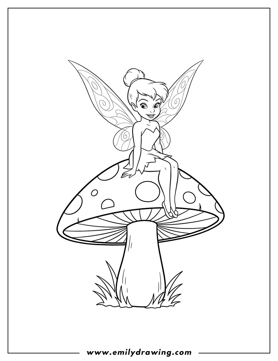 Coloring page for kids: tinker Bell smiling and sitting on a spotted mushroom