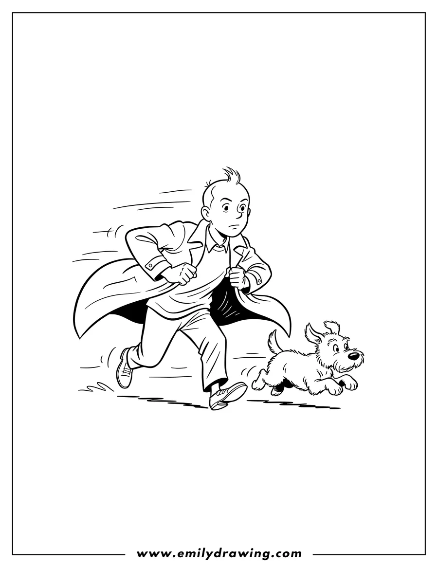 Simple sketch of tintin running and gripping his coat as it flies back, with Snowy running alongside him to color