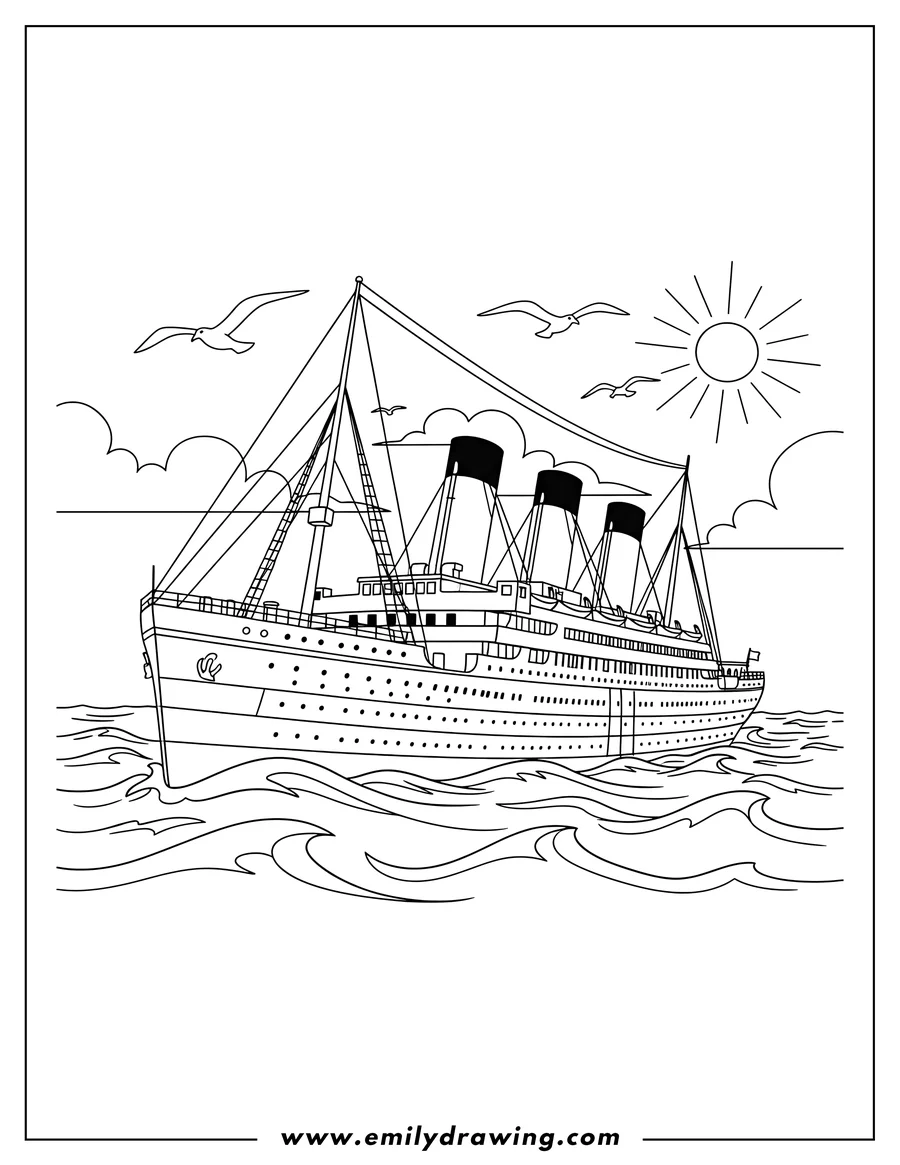 Outline drawing of titanic ship, with four smokestacks and tall masts, sailing at sea with seagulls flying in the sky