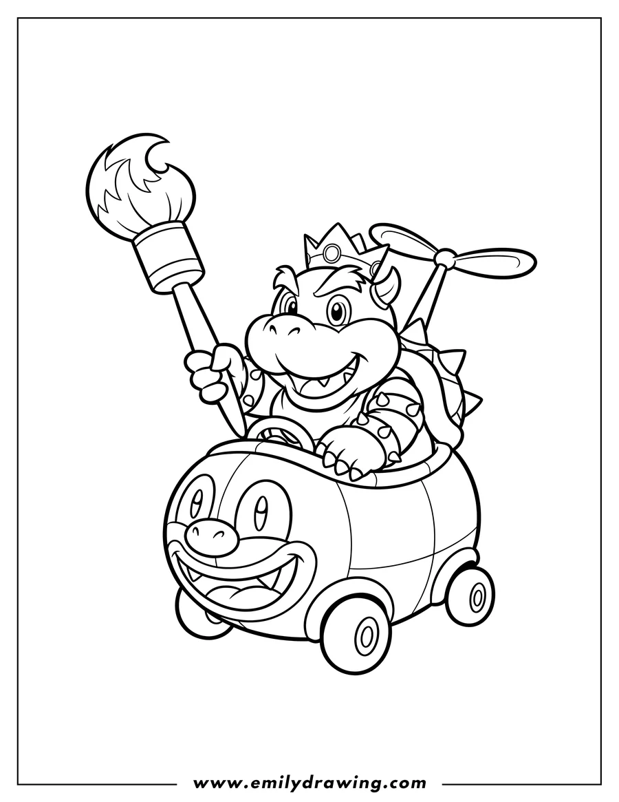 Simple sketch of simple To Color Baby Bowser in his Koopa Clown Car holding a magic brush to color