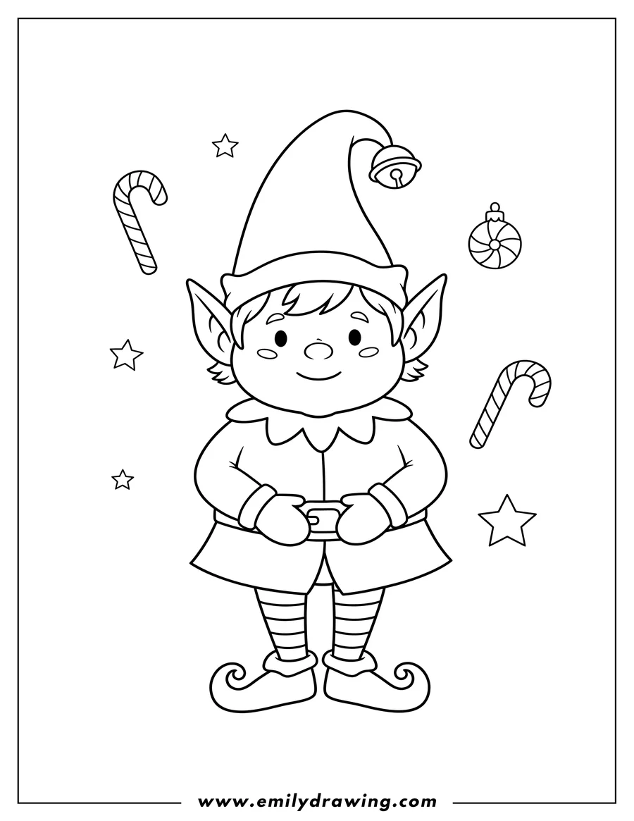 Vector style outline of simple To Color Christmas Elf Preschoolers Scaled, standing with a pointed hat and pointy ears