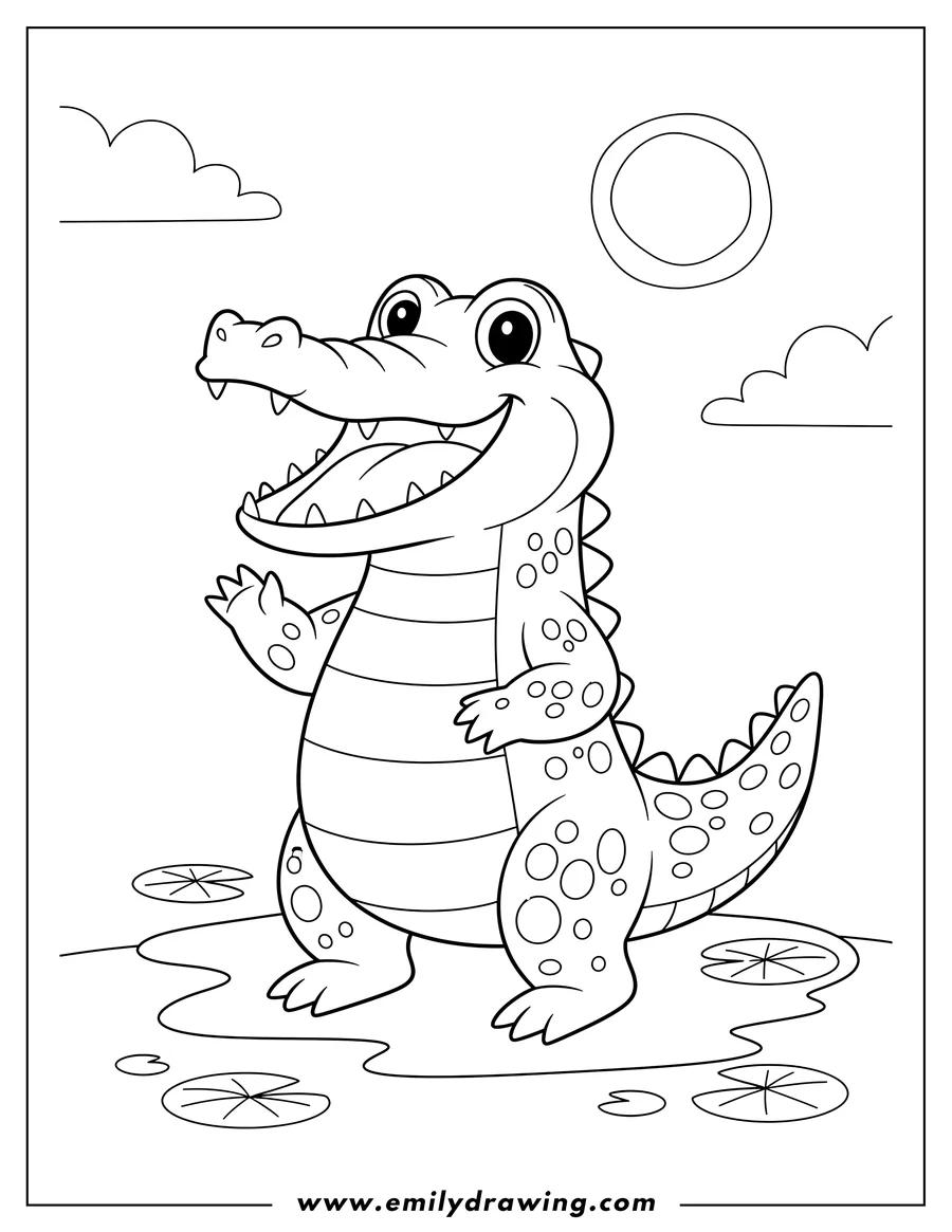 Coloring page for kids: simple To Color Crocodile Picture Scaled with an open mouth, standing