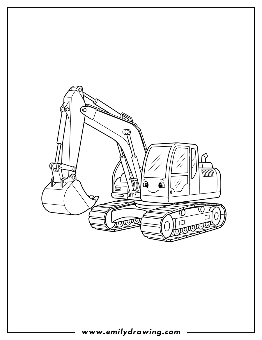 Doodle style coloring picture of simple To Color Digger with a digging bucket and caterpillar tracks