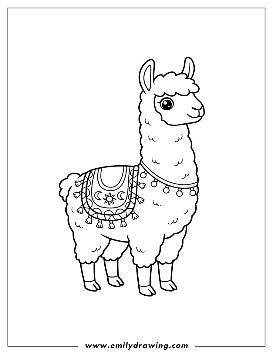 Coloring sheet featuring simple To Color Llama 1 Scaled, standing and wearing a decorative saddle blanket