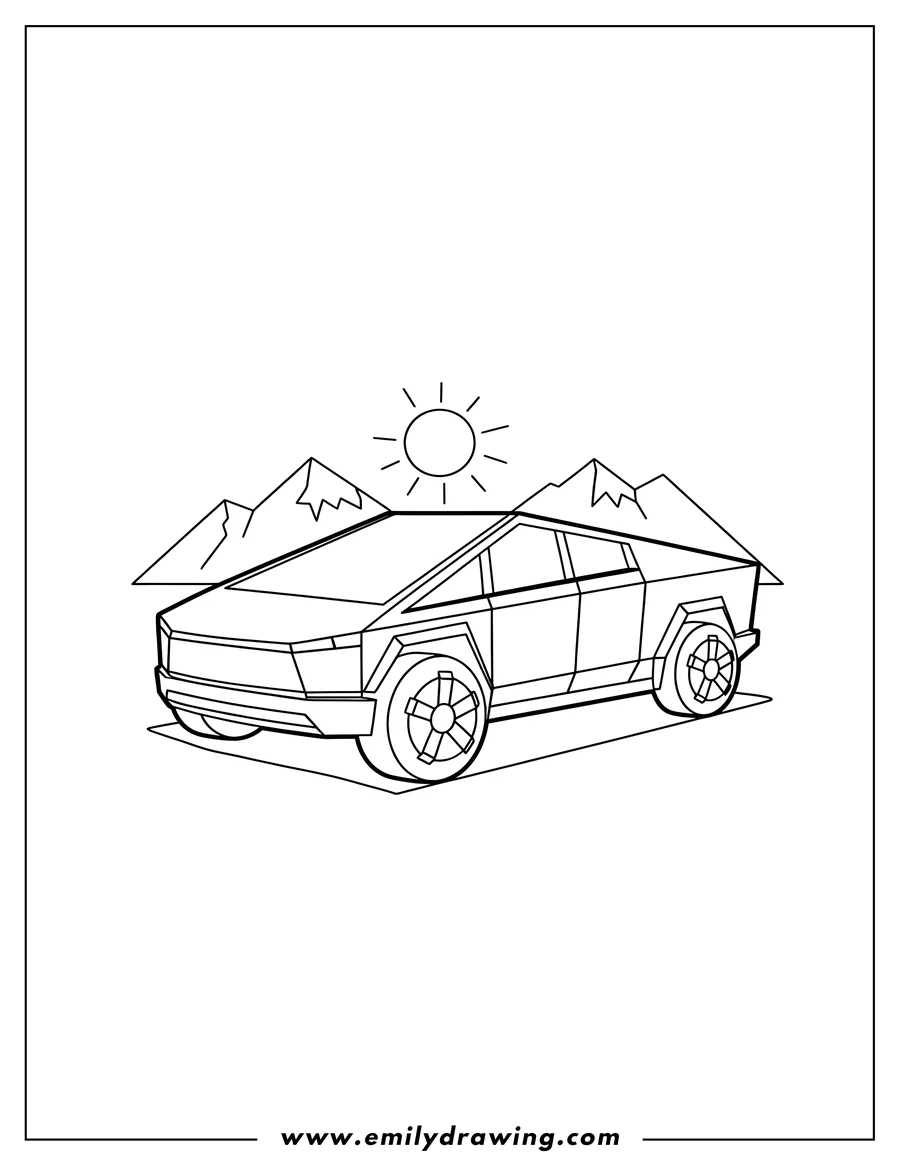 Downloadable coloring page of simple To Color Tesla Cyber Truck Scaled, shown from a three-quarter view