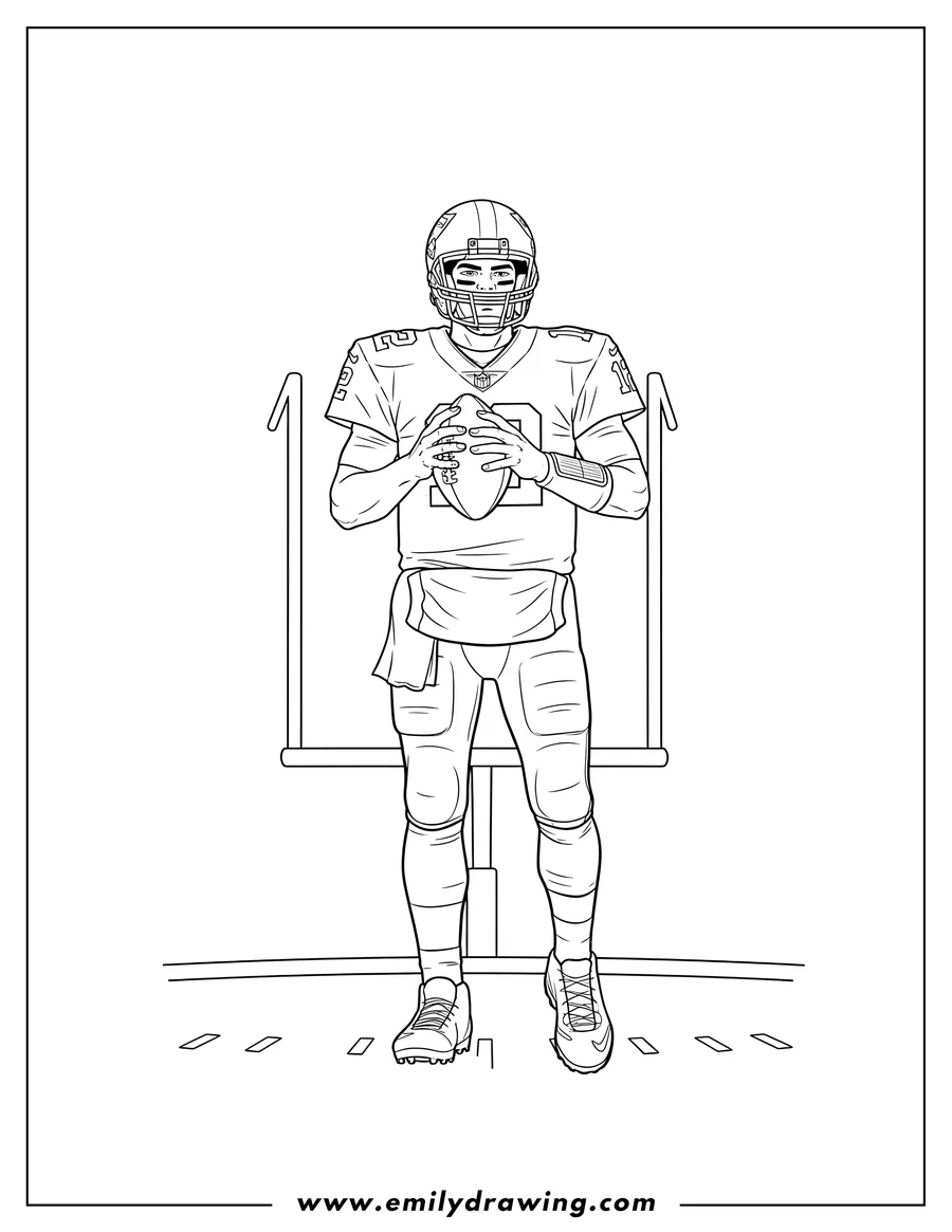 Free printable coloring sheet of tom Brady wearing a football uniform and helmet, holding a football with jersey number 12