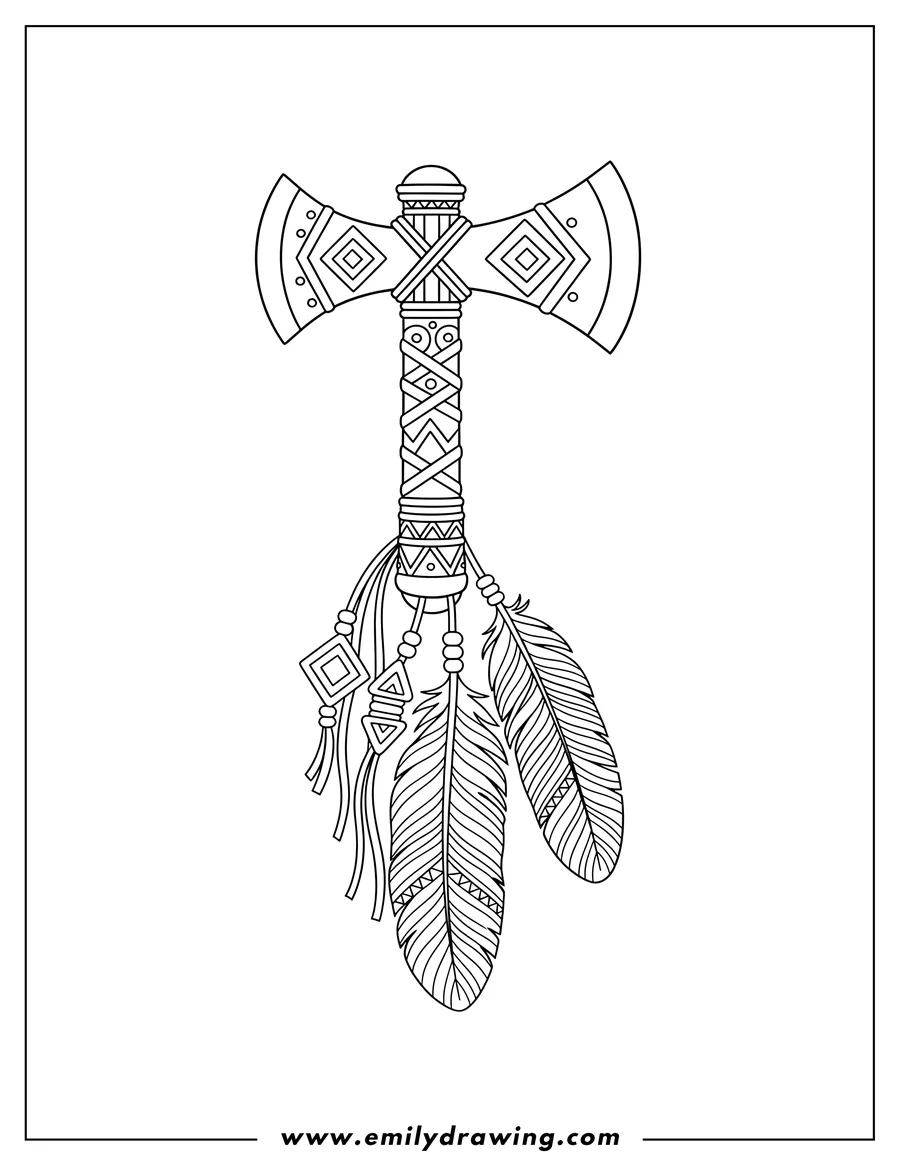 Simple sketch of native American Tomahawk with feathers and tribal decorations to color