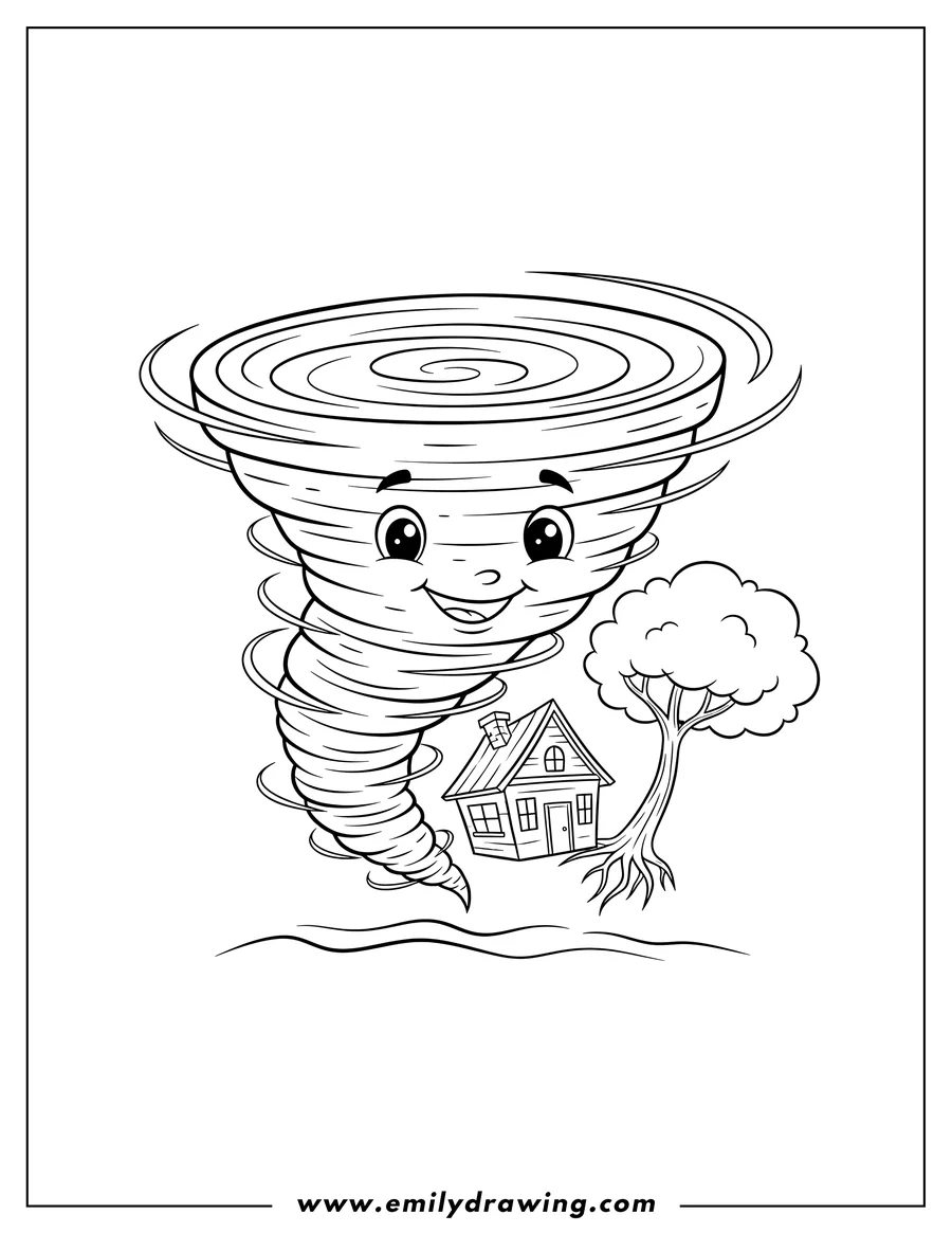 Printable line art of simple tornado pulling a tree and house