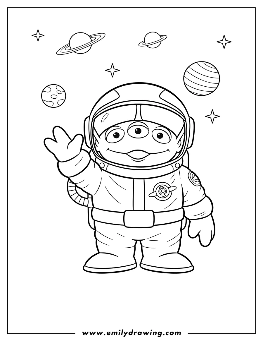 Linear illustration of simple Toy Story Alien Scaled, waving in a space suit