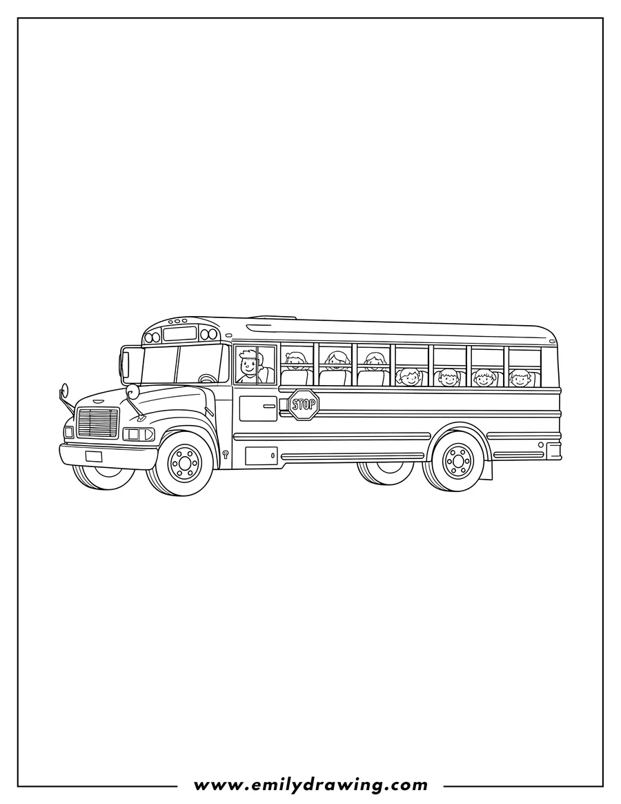 Printable line art of traditional School Bus coloring page, side view