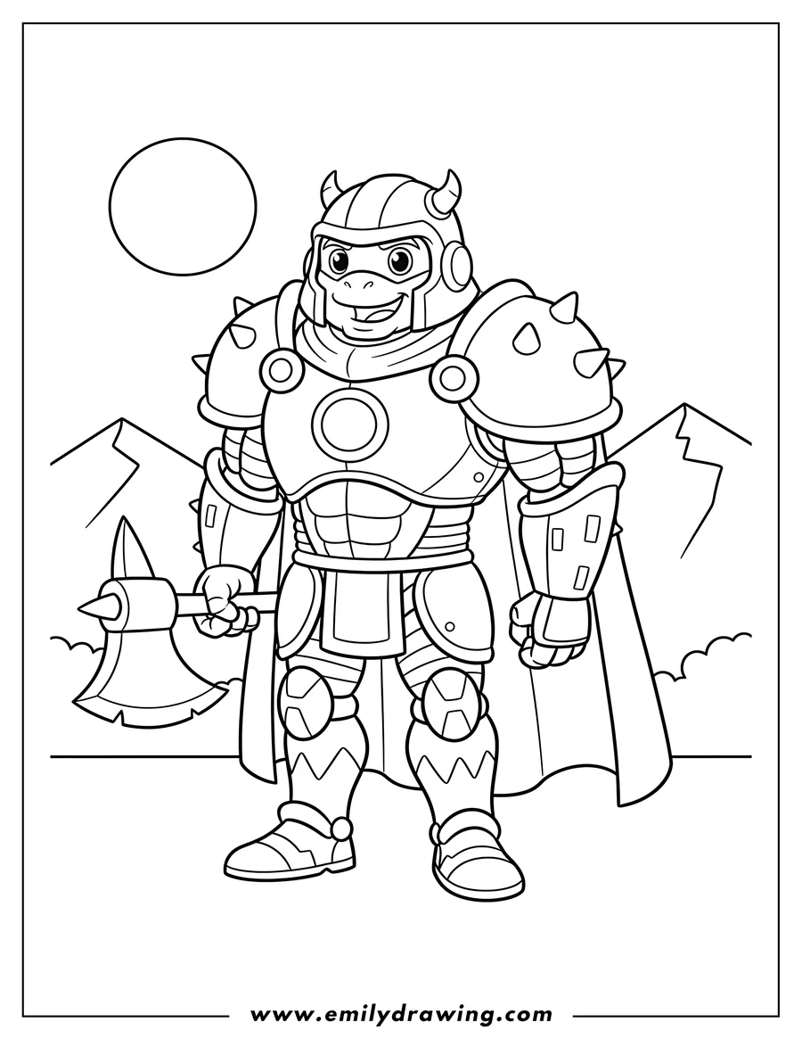 Printable coloring page of simple Traximus standing in armor