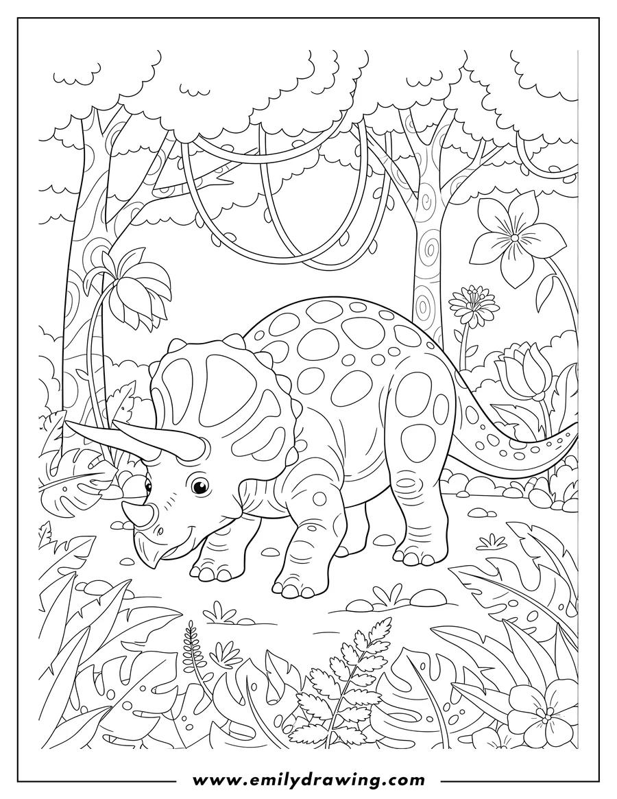 Simple sketch of triceratops Dinosaur standing with head lowered Jungle To Color Scaled to color