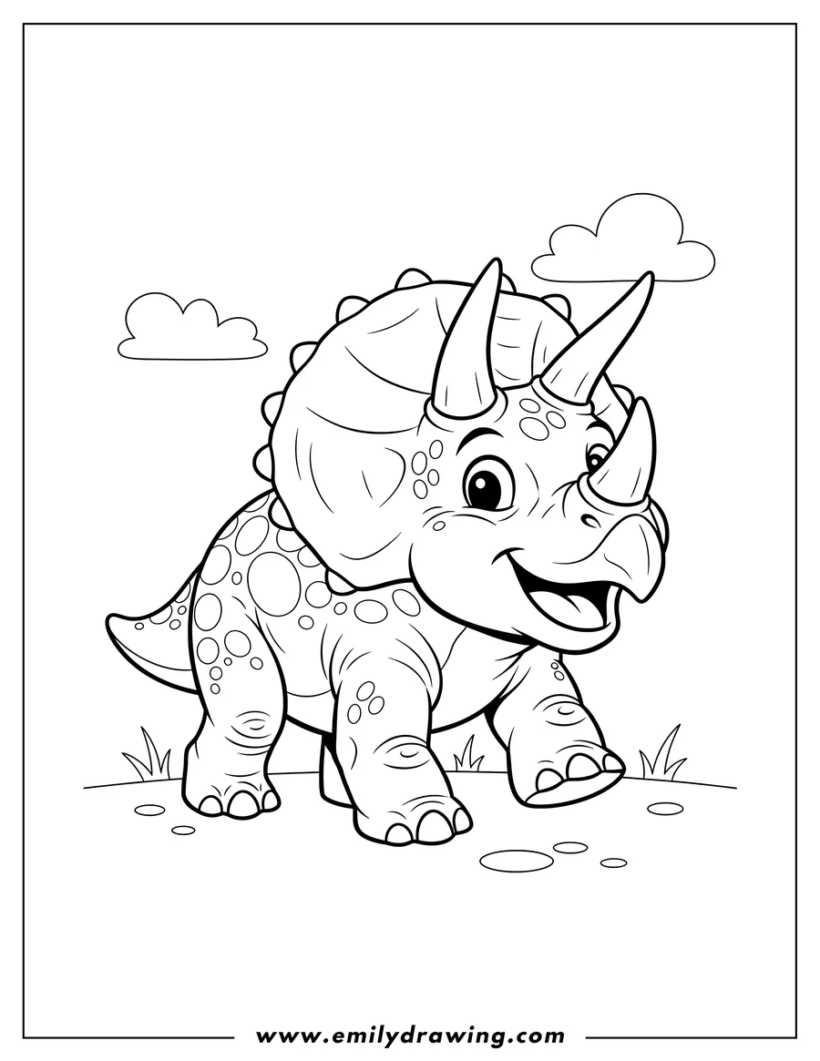 Coloring sheet featuring triceratops With Three Horns, walking and smiling with an open mouth, To Color Scaled