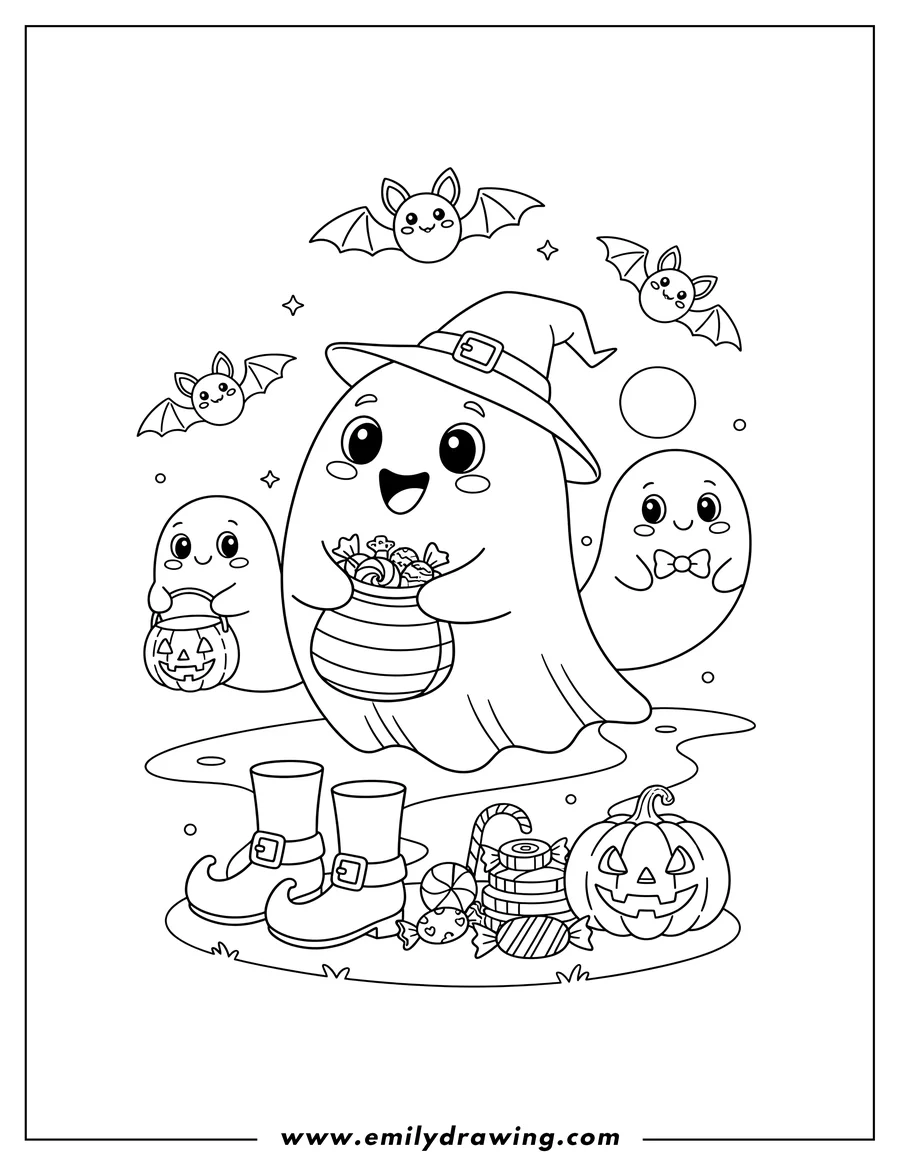 Clean line drawing: simple Trick Or Treat Greeting With Cute Ghosts, Bats, Witch Hat, and Boots