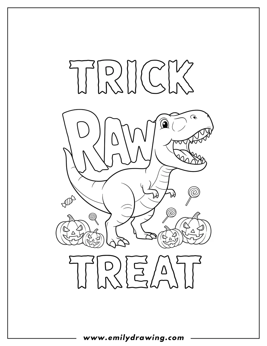 Vector style outline of TRICK RAWR TREAT words with 'RAWR' integrated into a roaring T-Rex dinosaur, and jack-o'-lantern pumpkins