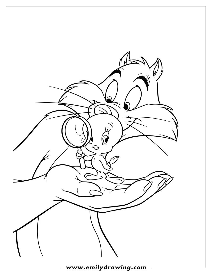 Black and white line art of simple Tweety Bird holding a magnifying glass and standing on Sylvester's hand, with Sylvester looking down at him