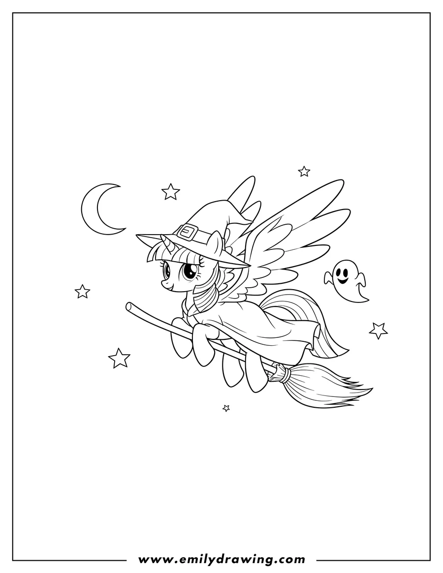 Simple sketch of twilight Sparkle, wearing a witch hat, flying on a broom with spread wings for Halloween to color