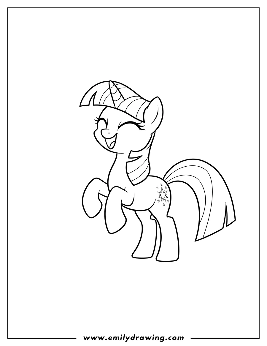 High quality printable simple Twilight Sparkle smiling with mouth open and eyes closed, one front leg lifted, outline for coloring