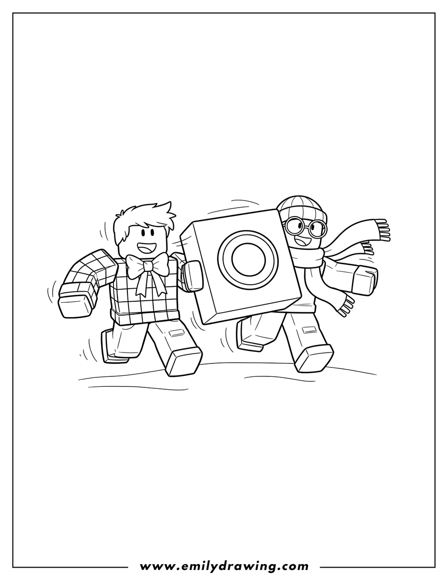 Free printable coloring sheet of two Roblox characters, one in a checkered shirt and bow tie, the other in glasses, a beanie, and a scarf, running with the Roblox logo