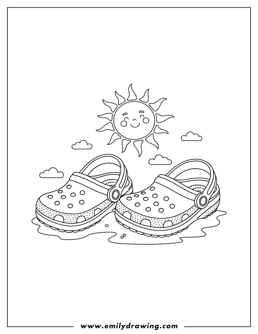 Linear illustration of two small Crocs shoes resting side by side under the sun