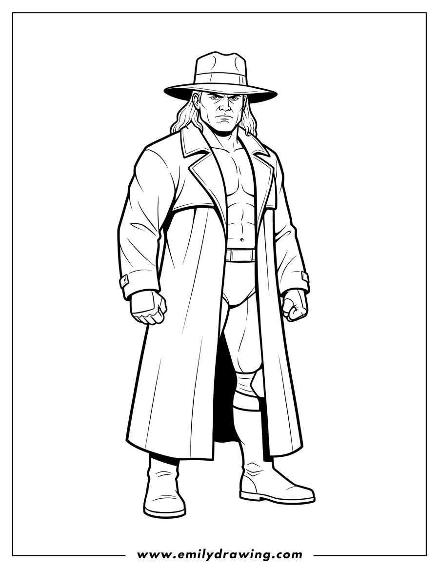 Coloring sheet featuring undertaker Wwe Wrestler wearing his hat and coat